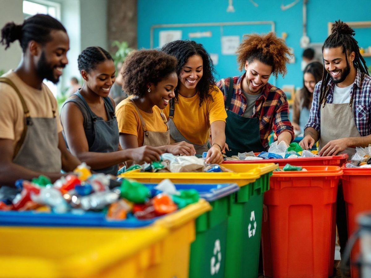 Grup de oameni reciclând deșeuri în comunitate.