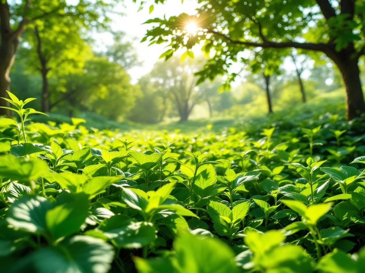 Peisaj verde cu plante sănătoase și copaci.