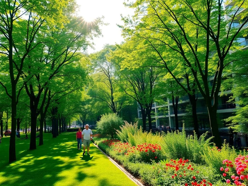 Parc urban verde cu copaci și flori colorate.