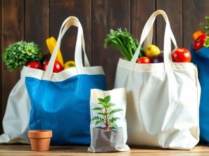 E Sustenabil 34 Bags reutilizabile cu produse proaspete pe un fundal rustic.