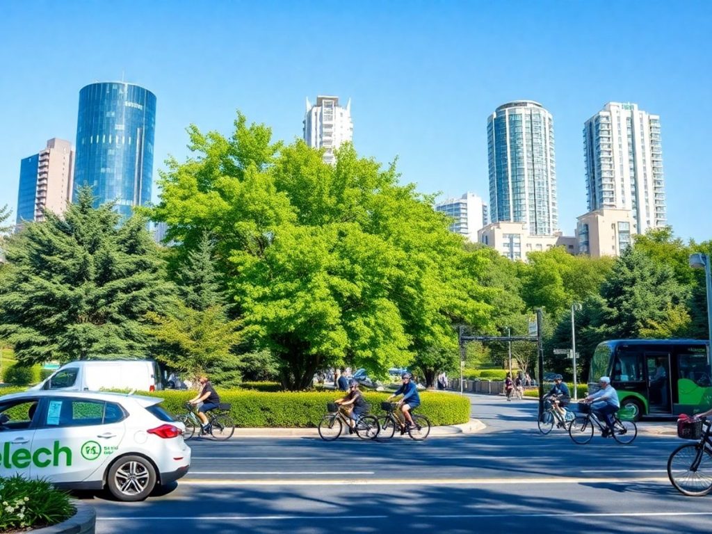 Oraș verde cu vehicule electrice și biciclete.