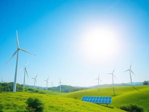 E Sustenabil 32 Peisaj verde cu turbine eoliene și panouri solare.