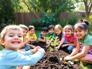 E Sustenabil 26 Copii plantând copaci într-o clasă în aer liber.
