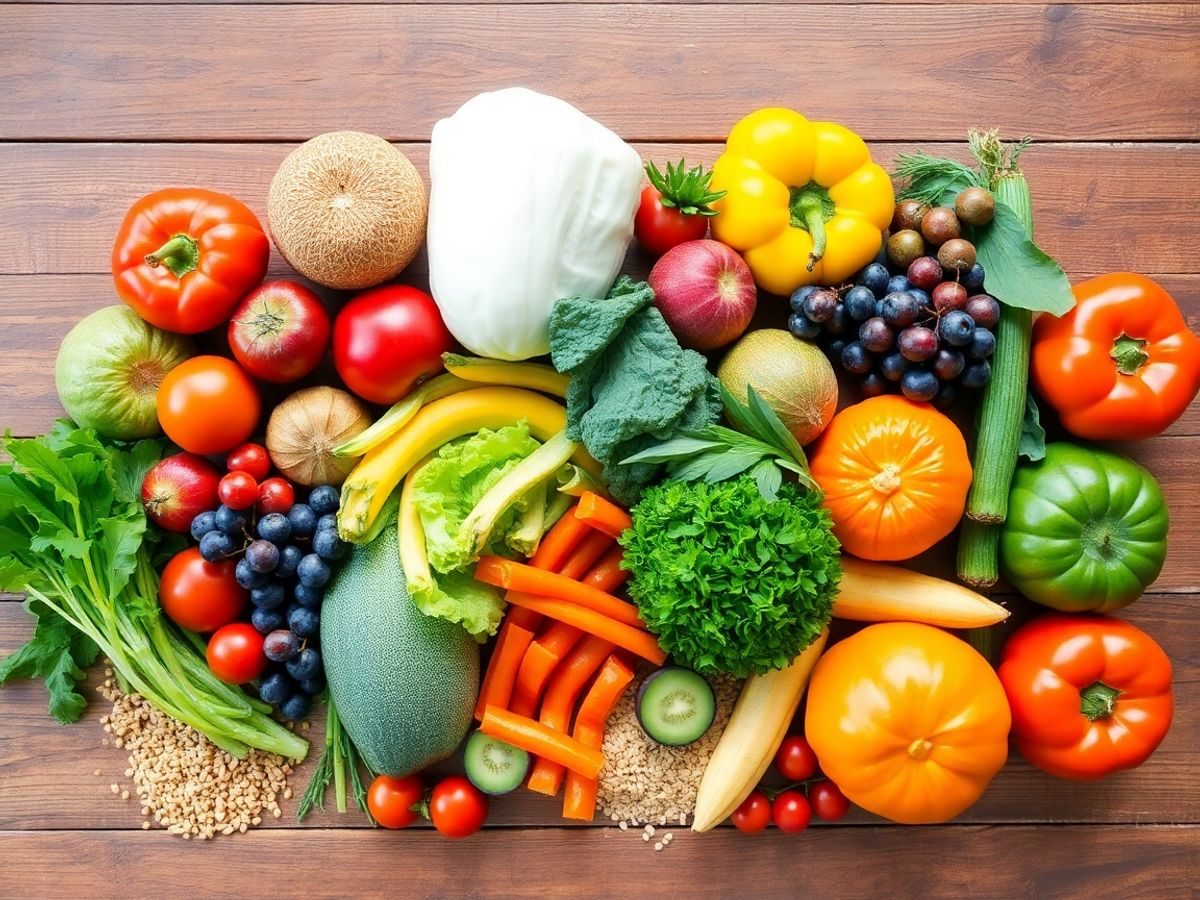 Aranjament colorat de fructe si legume proaspete.
