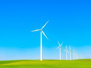 Turbine eoliene pe un fundal verde si cer albastru.