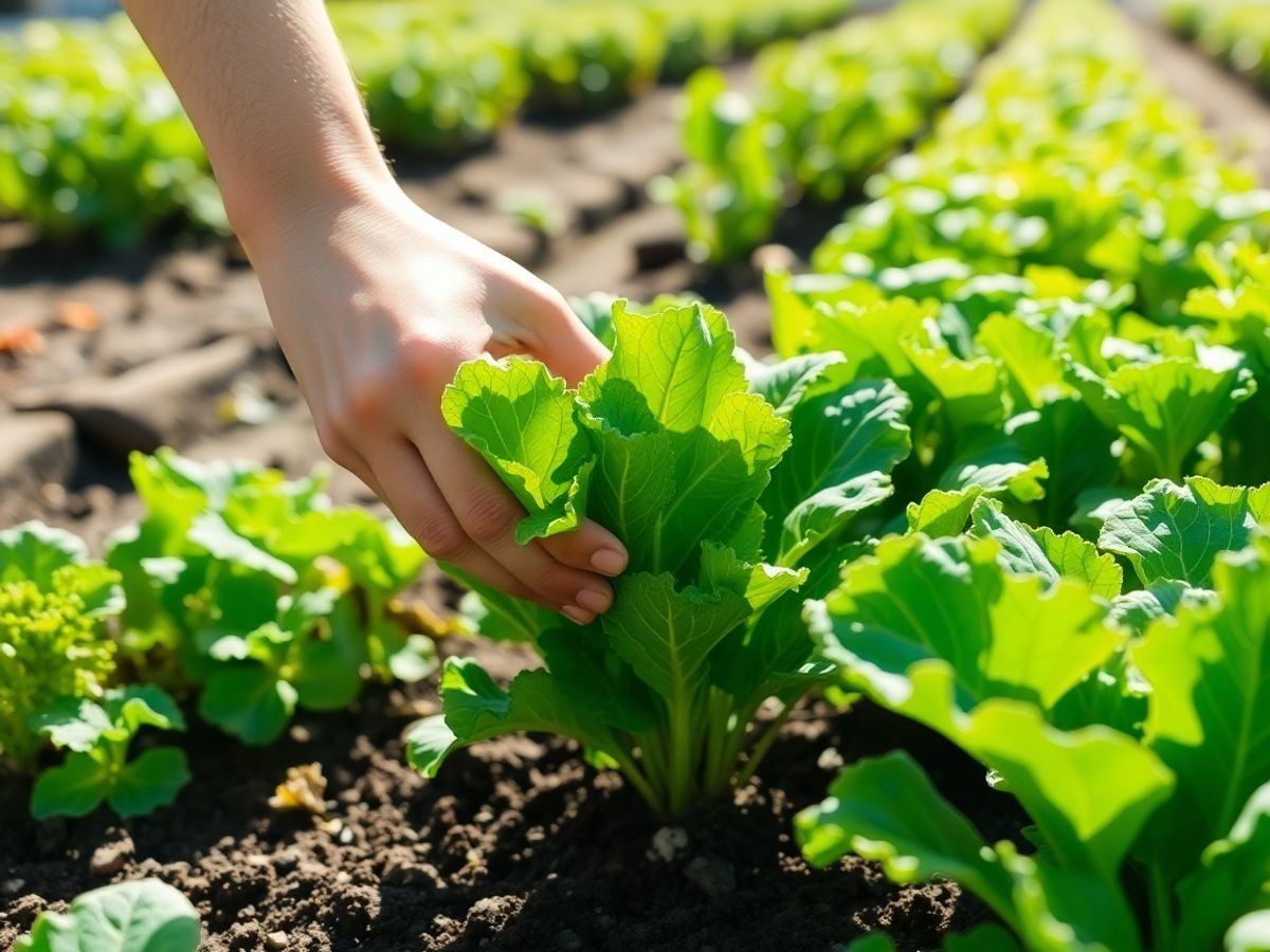 Mână culegând legume proaspete dintr-o grădină luxuriantă.