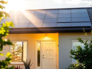 Casă cu becuri LED aprinse și panouri solare