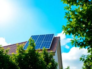 Panou solar pe acoperiș, casă modernă, soare strălucitor.