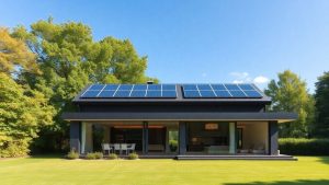 Casă modernă cu panouri solare și ferestre mari.