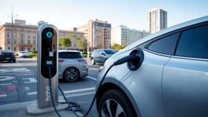 Mașină electrică încărcându-se la stație urbană modernă