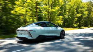 Mașină electrică modernă pe o șosea înconjurată de natură.